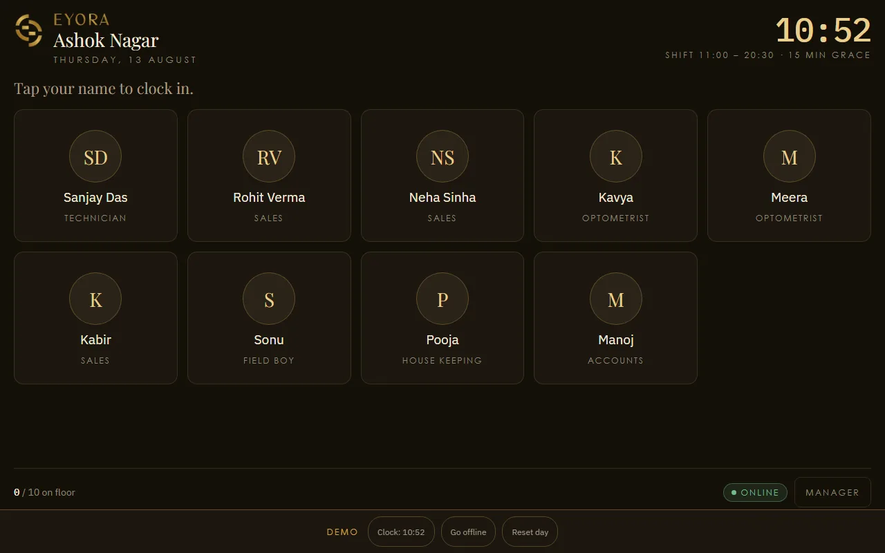 The My Eyora store kiosk in demo mode