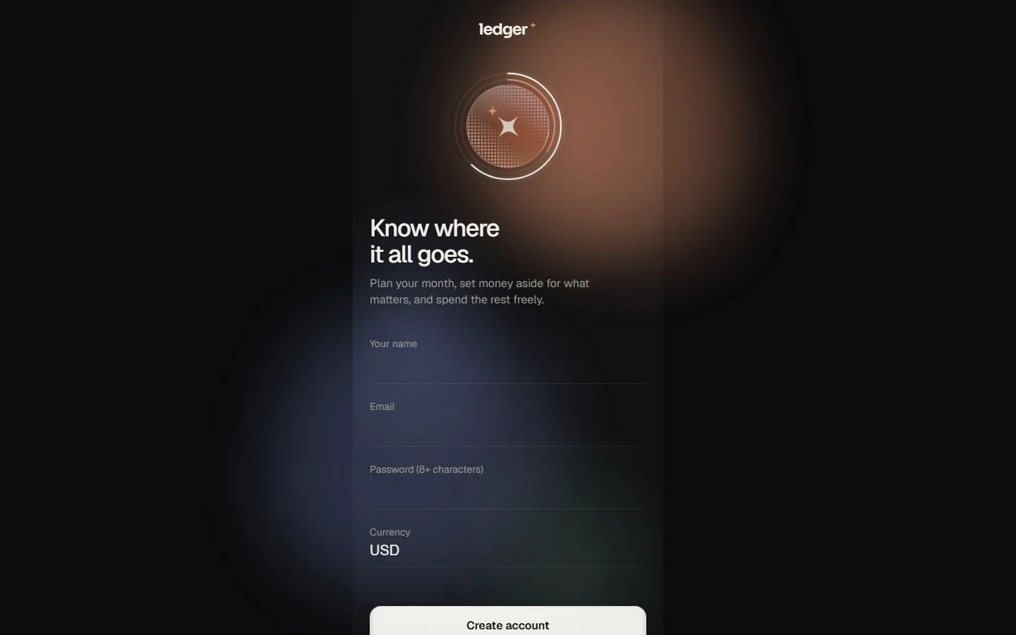 Ledger's sign-up screen